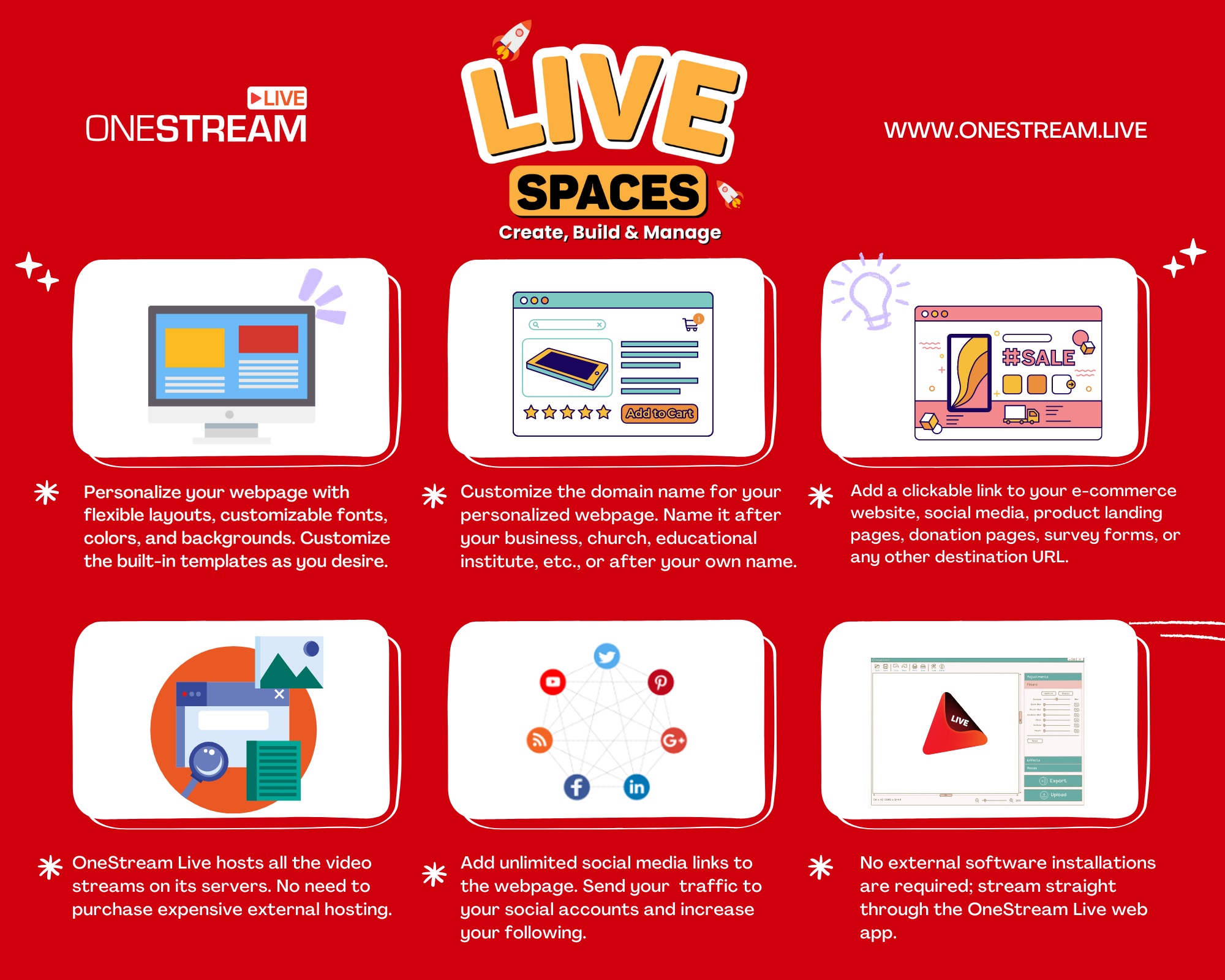 Live stream on personalized webpages via OneStream Live Spaces